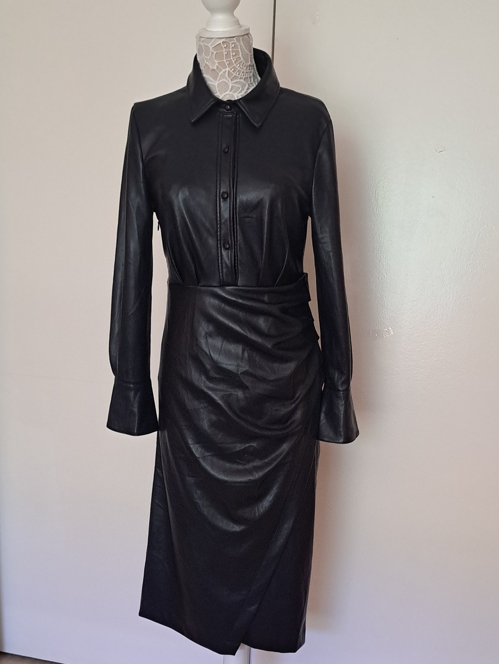FOR ALL Manking /7 Black Faux Leather Button-Front Shirt Dress Vegan Leather